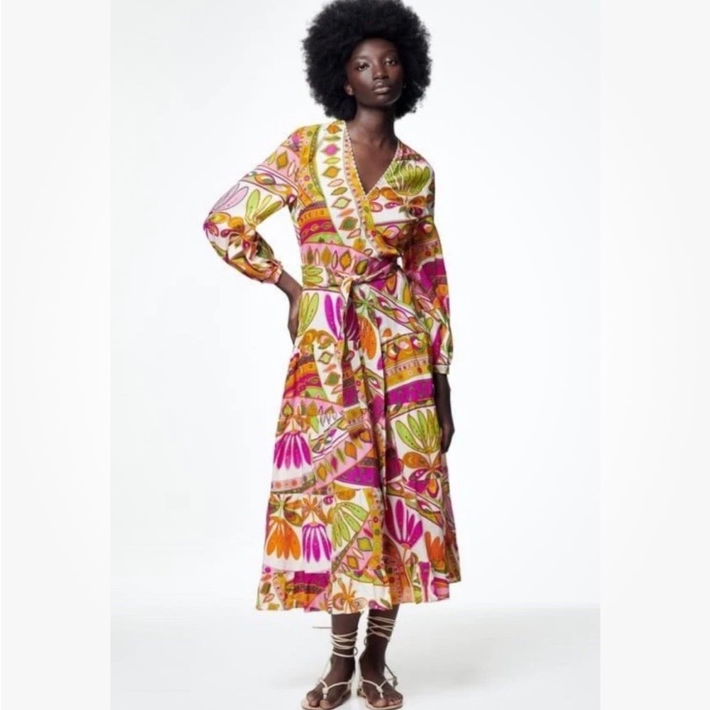 New Zara printed midi dress floral geometric pattern size small